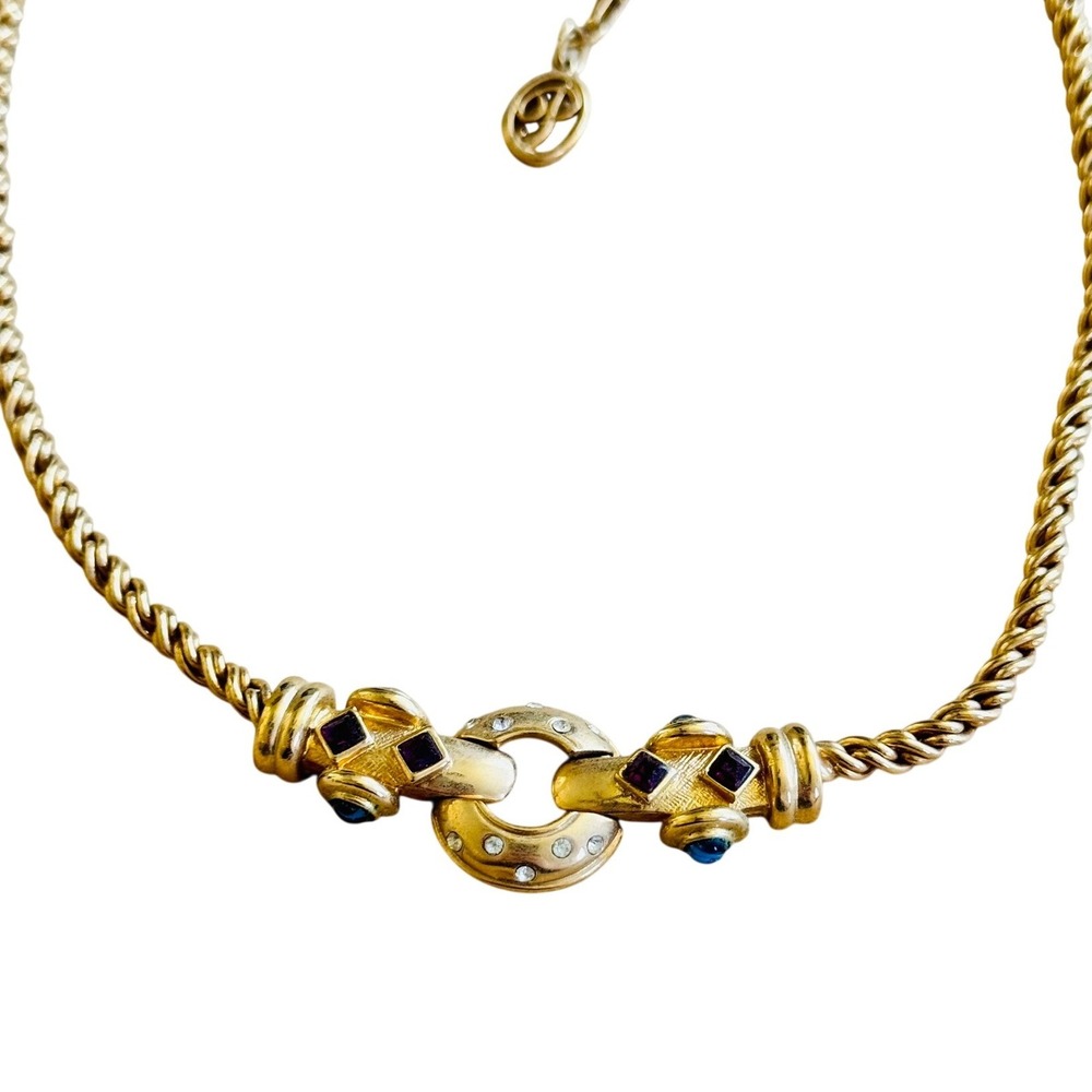 VTG Piscitelli Cabochon Regal Necklace 18k Gold Plated Byzantine Collar 80s 20"